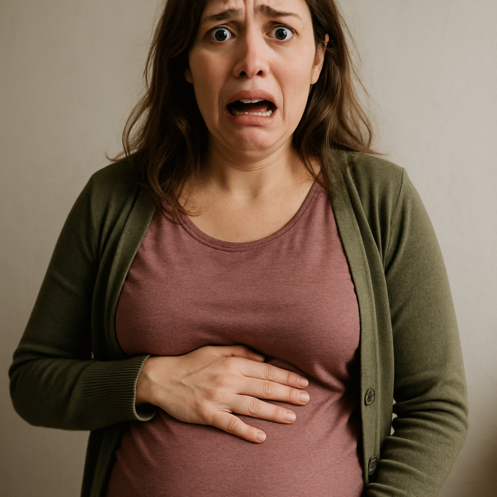 peur accouchement femme qui a une expression de peur, elle a ses mains sur son ventre de femme enceinte