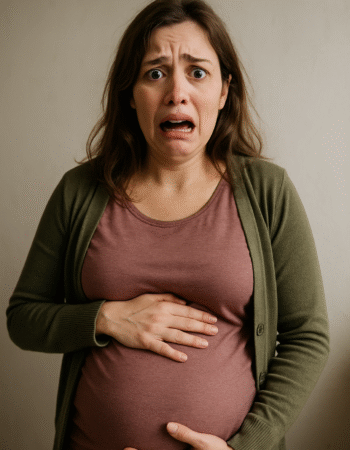femme qui a une expression de peur, elle a ses mains sur son ventre de femme enceinte