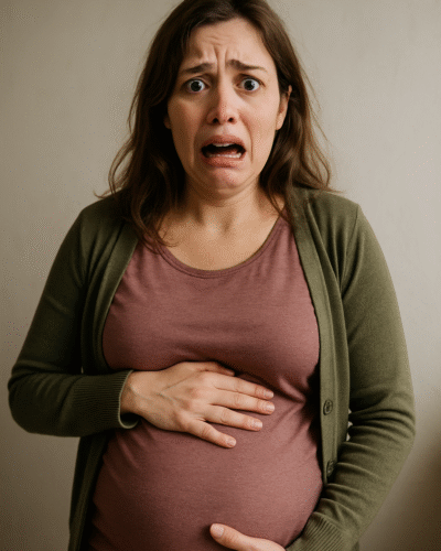 peur accouchement femme qui a une expression de peur, elle a ses mains sur son ventre de femme enceinte